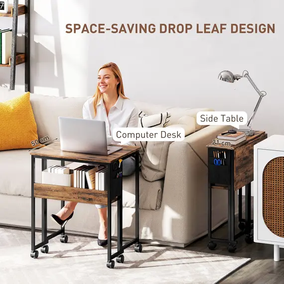 Buy 63 cm Drop Leaf Writing Work Desk - Rustic Brown, 4 image