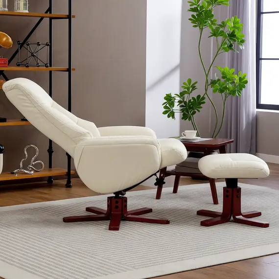 Buy Rocking Recliner Chair with Footstool, PU Leather Recliner Armchair with Wood Base, Upholstered Reclining Chair for Living Room Bedroom, Cream, 9 image