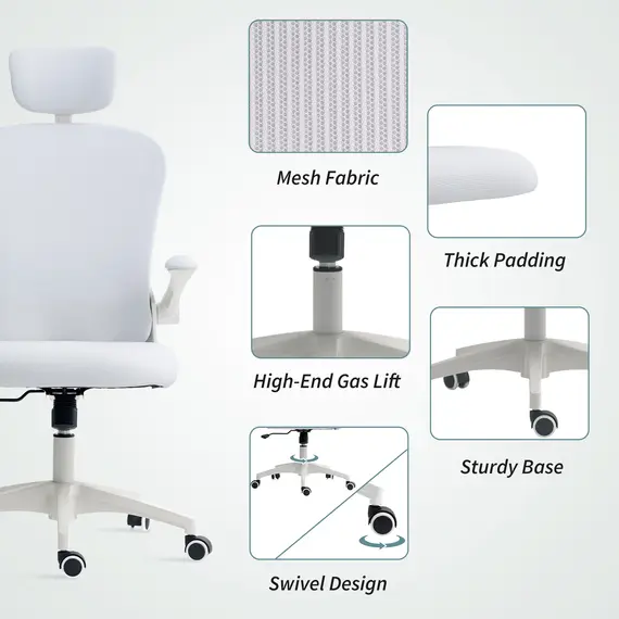 Buy Vinsetto Multi-Adjustable Office Chair, with Lumbar Support, Headrest and Mesh Back - White, 8 image