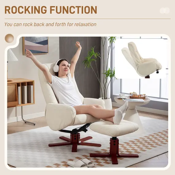 Buy Rocking Recliner Chair with Footstool, PU Leather Recliner Armchair with Wood Base, Upholstered Reclining Chair for Living Room Bedroom, Cream, 5 image