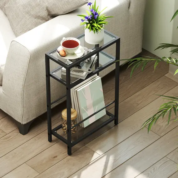 Buy 3-Tier Side Table, Narrow End Table with Storage Shelf and Tempered Glass Tabletop for Small Spaces, Black, 7 image