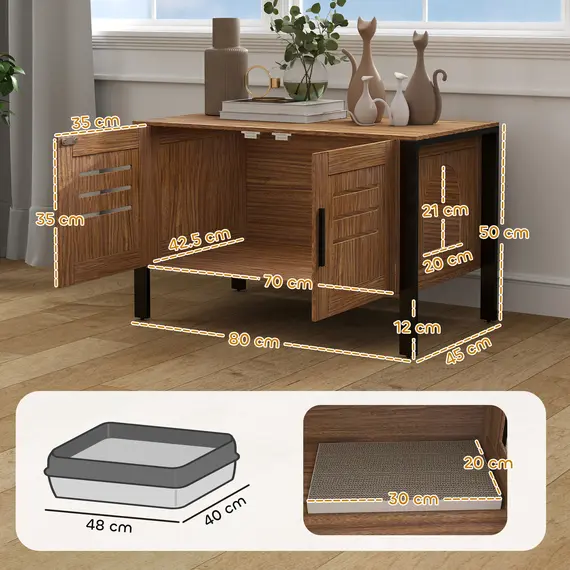 Buy Cat Litter Box Enclosure with Tall Legs, Scratching Board, Double Doors, Ventilation Holes, 80 x 45 x 50 cm, Dark Brown, 3 image