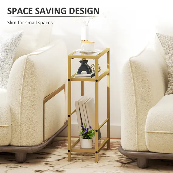 Buy 3-Tier Side Table, Narrow End Table with Storage Shelf and Tempered Glass Tabletop for Small Spaces, Bedroom, Living Room, Entryway, Gold Tone, 5 image
