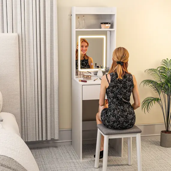 Buy Small Vanity Desk with Mirror and LED Lights, Compact Dressing Table with Drop Leaf, Open Shelves and Drawer, White, 8 image
