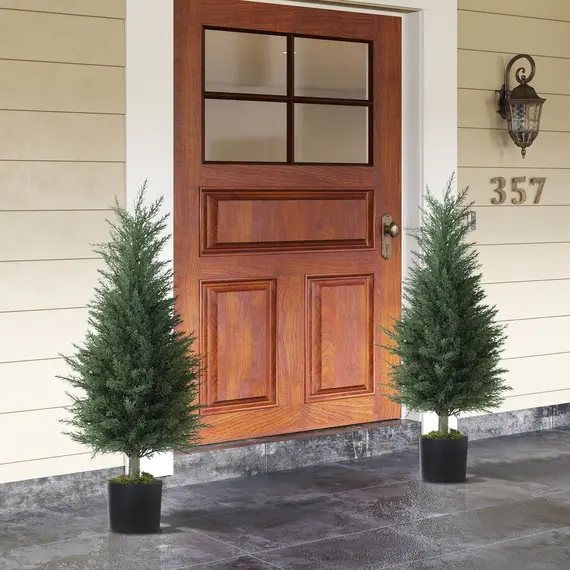 Buy Artificial Cypress Tree, 90 cm Fake Cypress Tree with Plastic Pots, UV-Resistant Faux Plants for Garden Front Porch Decoration, 2 Pack, 7 image