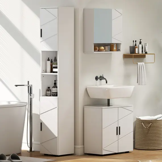 Buy Line Embossed Tall Bathroom Storage Cabinet - White, 8 image