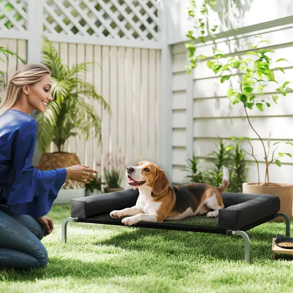 Buy PawHut Elevated Dog Bed with Removable Bolsters, Raised Dog Bed for Medium Breeds, Portable Indoor & Outdoor Pet Cots, Black, 2 image