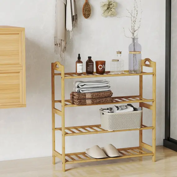 Buy Freestanding Bamboo Shoe Rack, 4-Tier Shoe Shelf Stand for Hallway, Living Room, Bedroom, Natural Wood Finish, 9 image
