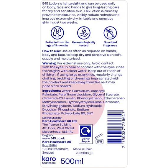 Buy E45 Moisturising Lotion 500 ml for Dry & Sensitive Skin - Long-Lasting Hydration Protect from Dryness, Reduce Redness - Dermatological Body Moisturiser Lotion - Body Lotion - Daily Moisturiser | Long-lasting hydration helps protect from dryness - Helps re, 7 image