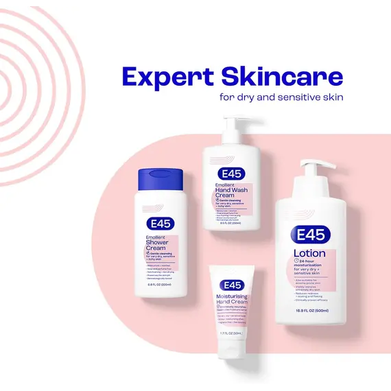 Buy E45 Moisturising Lotion 500 ml for Dry & Sensitive Skin - Long-Lasting Hydration Protect from Dryness, Reduce Redness - Dermatological Body Moisturiser Lotion - Body Lotion - Daily Moisturiser | Long-lasting hydration helps protect from dryness - Helps re, 6 image