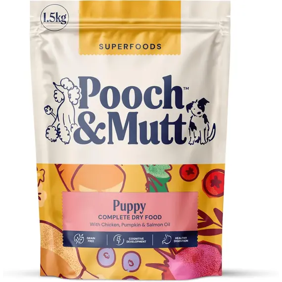 Buy Pooch & Mutt - Puppy Superfood Complete Dry Dog Food, Chicken, 1.5kg | Regular Sized Kibble, For Puppies, Grain Free, Complete Dog Food, Packaging May Vary