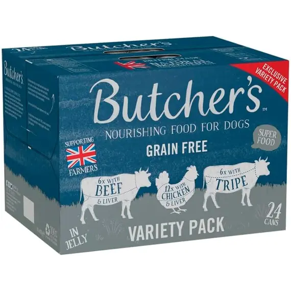 Buy Butcher's Complete Wet Can Adult Dog Food Variety Pack 24x400g | Grain Free for Sensitive Stomachs - Complete & Balanced - British & Irish Farmed - Contains Tripe, Chicken & Beef Recipes