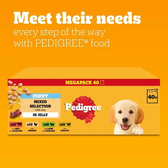 Buy PEDIGREE Puppy Dog Food Pouches Chunks in Jelly, 40 x 100g Multipack, Four Flavours (with Beef & Liver, Chicken, Lamb & Liver and Poultry), 8 image