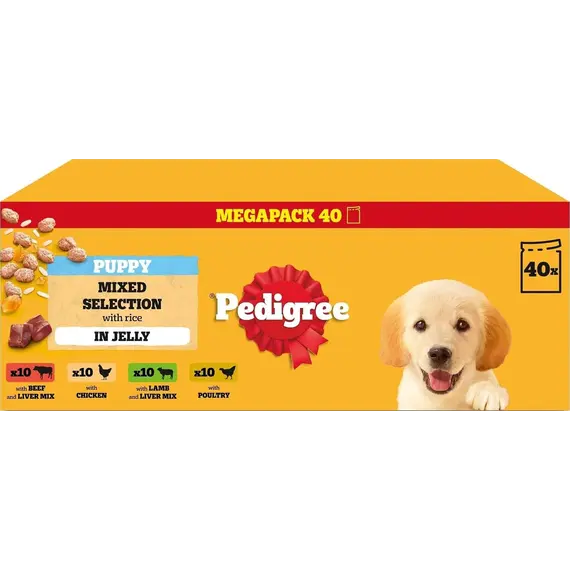 Buy PEDIGREE Puppy Dog Food Pouches Chunks in Jelly, 40 x 100g Multipack, Four Flavours (with Beef & Liver, Chicken, Lamb & Liver and Poultry)