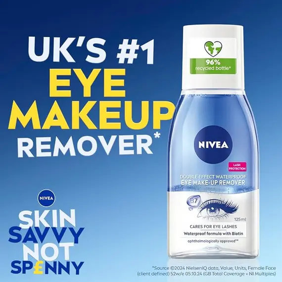Buy NIVEA Double Effect Waterproof Eye Make-Up Remover (125ml), Daily Use Face Cleanser for Make-Up and Mascara with Cornflower Extract and Biotin, 2 image