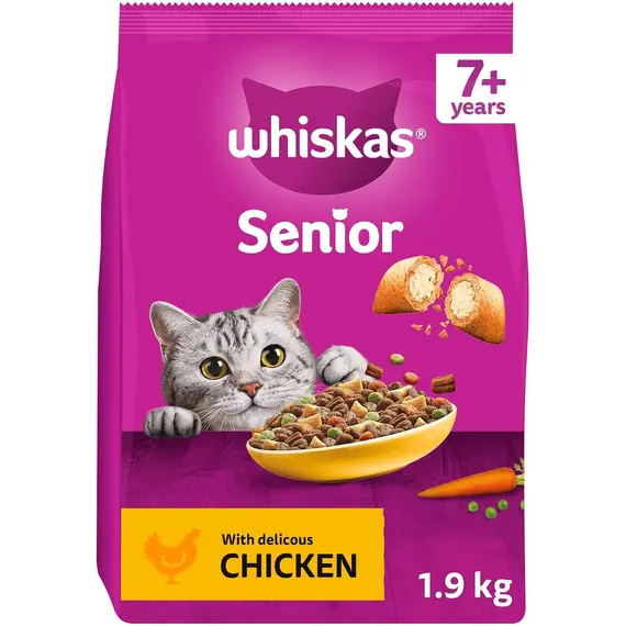 Buy WHISKAS Senior Dry Cat Food 1.9kg with Chicken (Pack of 4)