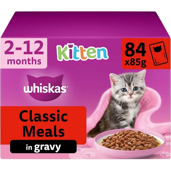 Buy whiskas Junior Classic Selection in Gravy 84 Pouches, Wet Kitten and Cat Food, Selection of Beef, Lamb, Chicken and Poultry, Megapack (84 x 85 g)