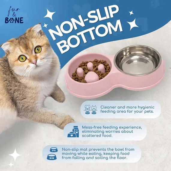 Buy Fur & Bone Double Slow Feeder Dog Bowl | Raised Dog Bowl with Non-Slip Bottom | Stainless Steel Bowl | Detachable Raised Cat Bowl (Pink), 6 image