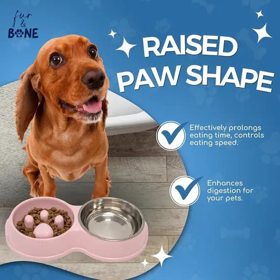 Buy Fur & Bone Double Slow Feeder Dog Bowl | Raised Dog Bowl with Non-Slip Bottom | Stainless Steel Bowl | Detachable Raised Cat Bowl (Pink), 4 image