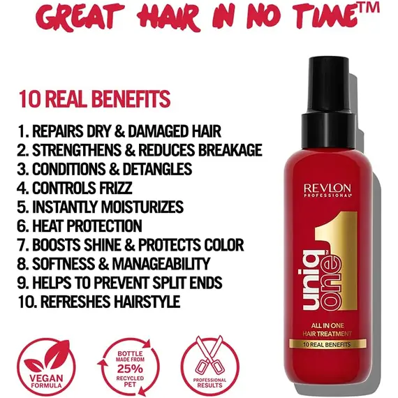 Buy REVLON PROFESSIONAL UniqOne Hair Treatment All-in-One Heat Moisturizing Leave-In with 10 Benefits, Repair for Damaged Hair, Frizz Control, for Women & All Hair Types, 2 image