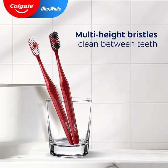 Buy Colgate Max White Manual Toothbrush, Removes Surface Stains, Multi-Height Bristles, Cleans Between Teeth, Polishing Star Teeth Whitening Toothbrush with a Polishing Star to Remove Stains & a Tongue Cleaner, 4 image