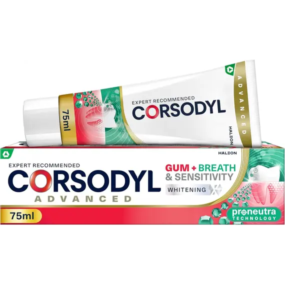 Buy Corsodyl Gum+ Sensitivity Whitening Toothpaste, Gum Care, 75 ml Fluoride whitening toothpaste, gum care, sensitivity relief, fresh breath, daily use, peppermint spearmint flavour