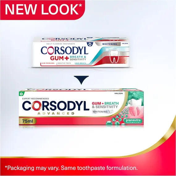 Buy Corsodyl Gum+ Sensitivity Whitening Toothpaste, Gum Care, 75 ml Fluoride whitening toothpaste, gum care, sensitivity relief, fresh breath, daily use, peppermint spearmint flavour, 2 image