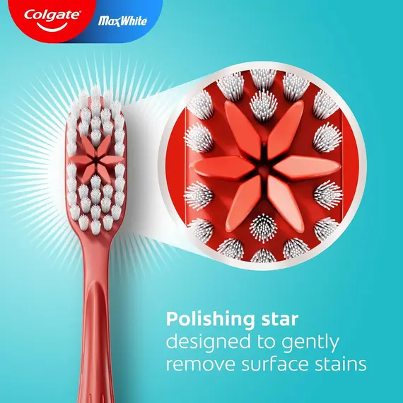 Buy Colgate Max White Manual Toothbrush, Removes Surface Stains, Multi-Height Bristles, Cleans Between Teeth, Polishing Star Teeth Whitening Toothbrush with a Polishing Star to Remove Stains & a Tongue Cleaner, 6 image