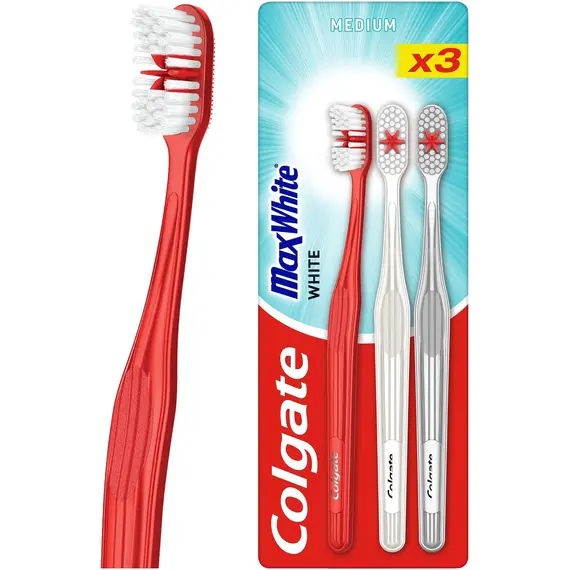 Buy Colgate Max White Manual Toothbrush, Removes Surface Stains, Multi-Height Bristles, Cleans Between Teeth, Polishing Star Teeth Whitening Toothbrush with a Polishing Star to Remove Stains & a Tongue Cleaner