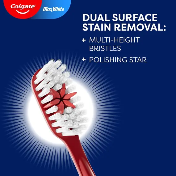 Buy Colgate Max White Manual Toothbrush, Removes Surface Stains, Multi-Height Bristles, Cleans Between Teeth, Polishing Star Teeth Whitening Toothbrush with a Polishing Star to Remove Stains & a Tongue Cleaner, 7 image