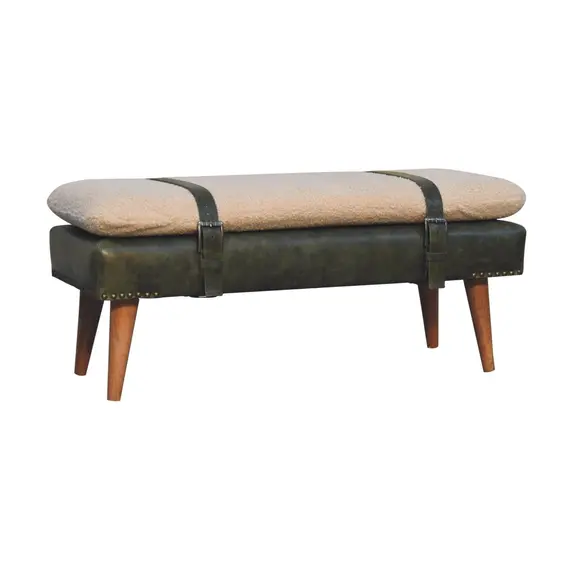 Buy BouclÃ© Buffalo Hide Olive Green Leather Bench, 3 image