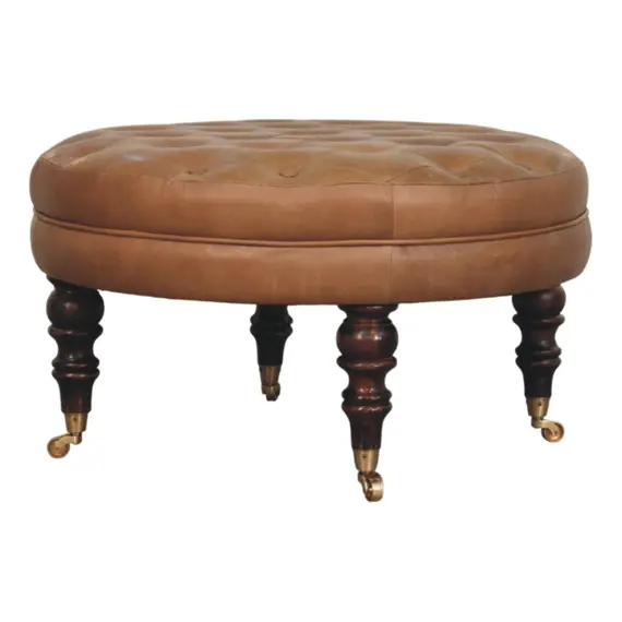 Buy Brown Buffalo Leather Round Ottoman with Castor Legs
