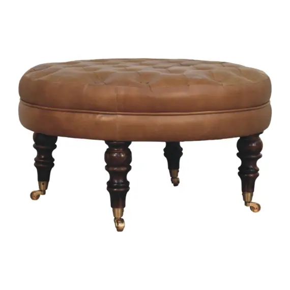 Buy Brown Buffalo Leather Round Ottoman with Castor Legs, 8 image