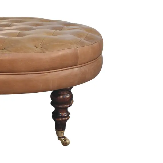 Buy Brown Buffalo Leather Round Ottoman with Castor Legs, 2 image