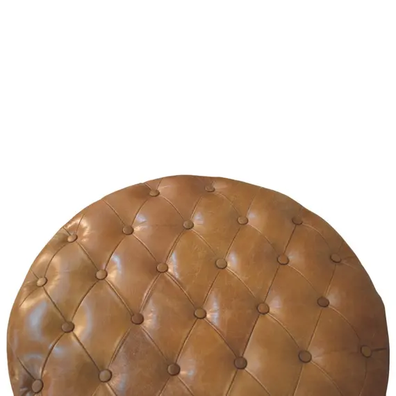 Buy Brown Buffalo Leather Round Ottoman with Castor Legs, 5 image