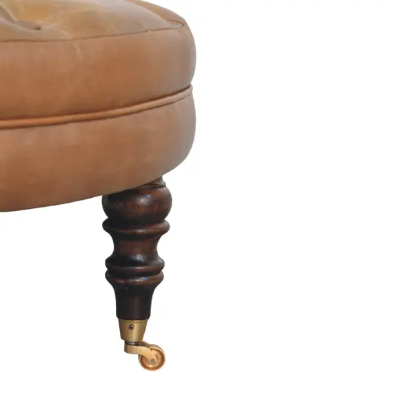 Buy Brown Buffalo Leather Round Ottoman with Castor Legs, 6 image