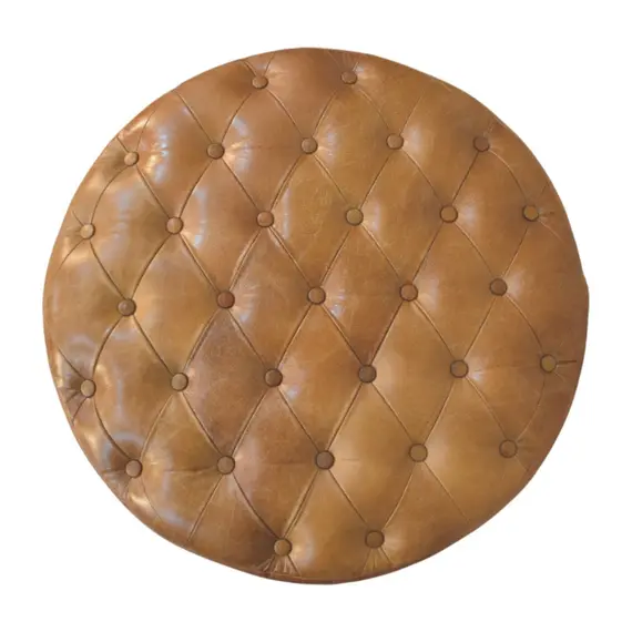 Buy Brown Buffalo Leather Round Ottoman with Castor Legs, 7 image